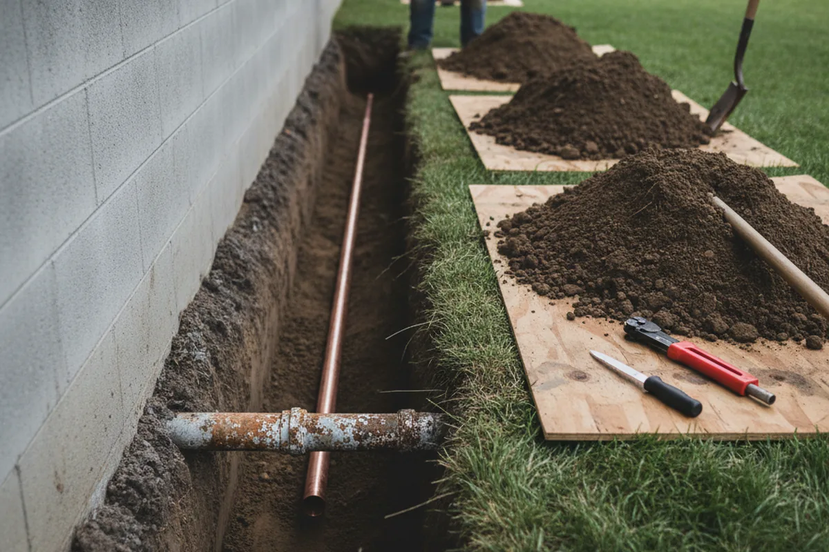 Excavated water line trench during Water Softener Installation in Orting